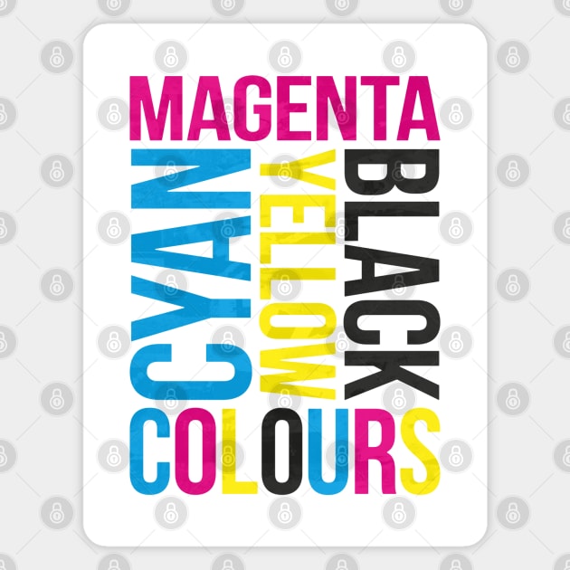 Cyan Magenta Yellow Black (Colours) Grunge Typography Magnet by John Uttley